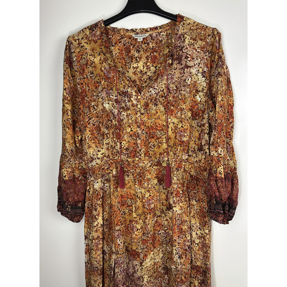 Frye & Co Fall Brown Orange Midi Long Sleeve Dress XL Western Boho Smock Ruffle - Picture 11 of 12